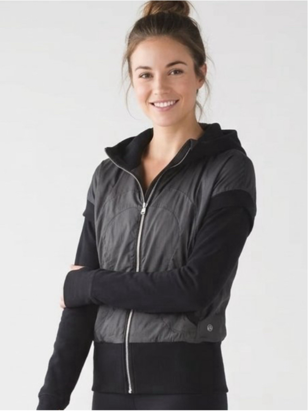 Women's Lululemon Mixed Media Quilted Full Zip Hoodie Black Jacket Size 8